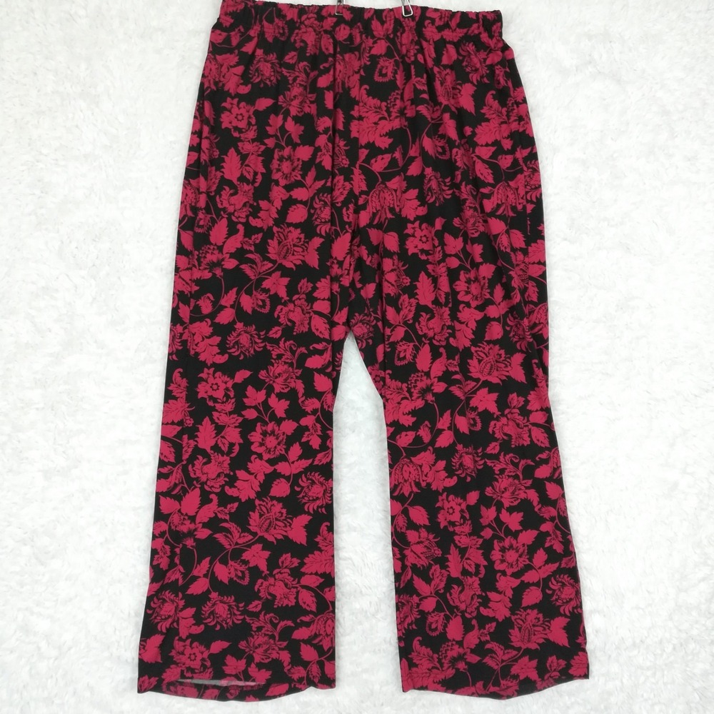 Denim 24/7 Womens Pants Wide Leg Lounge Black Red Floral Relaxed Pull On Plus 1X